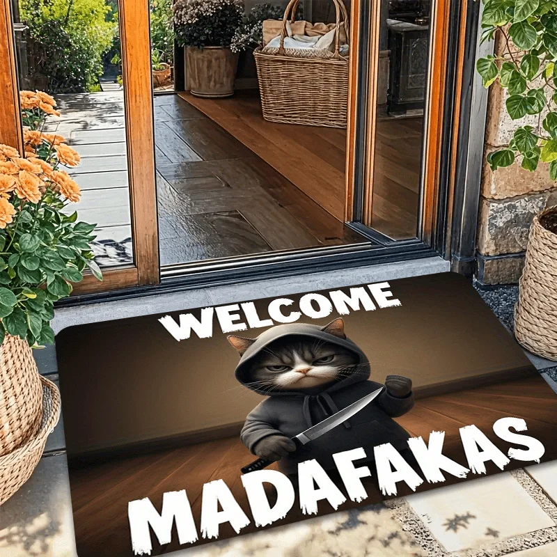 Funny Cat with Knife Graphic Flannel Doormat Non Slip Indoor Entry Floor Mat Humorous Dark Cartoon Style Entrance Decor Rug