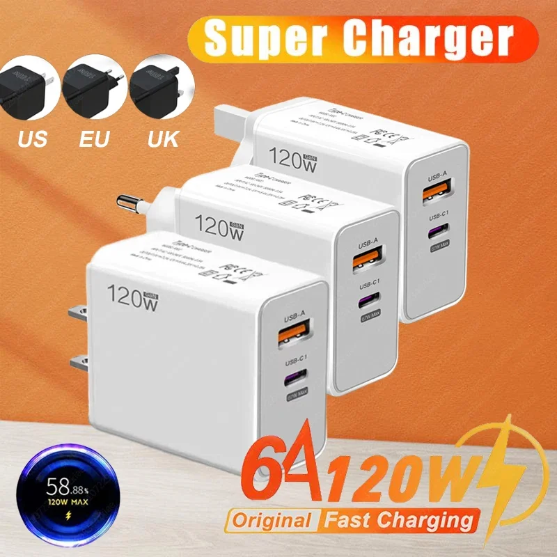 120W GaN USB Charger Fast Charging QC5.0 USB C Type-C Cable Wall Phone Charger Adapter For Multi-device Compatibility Charge