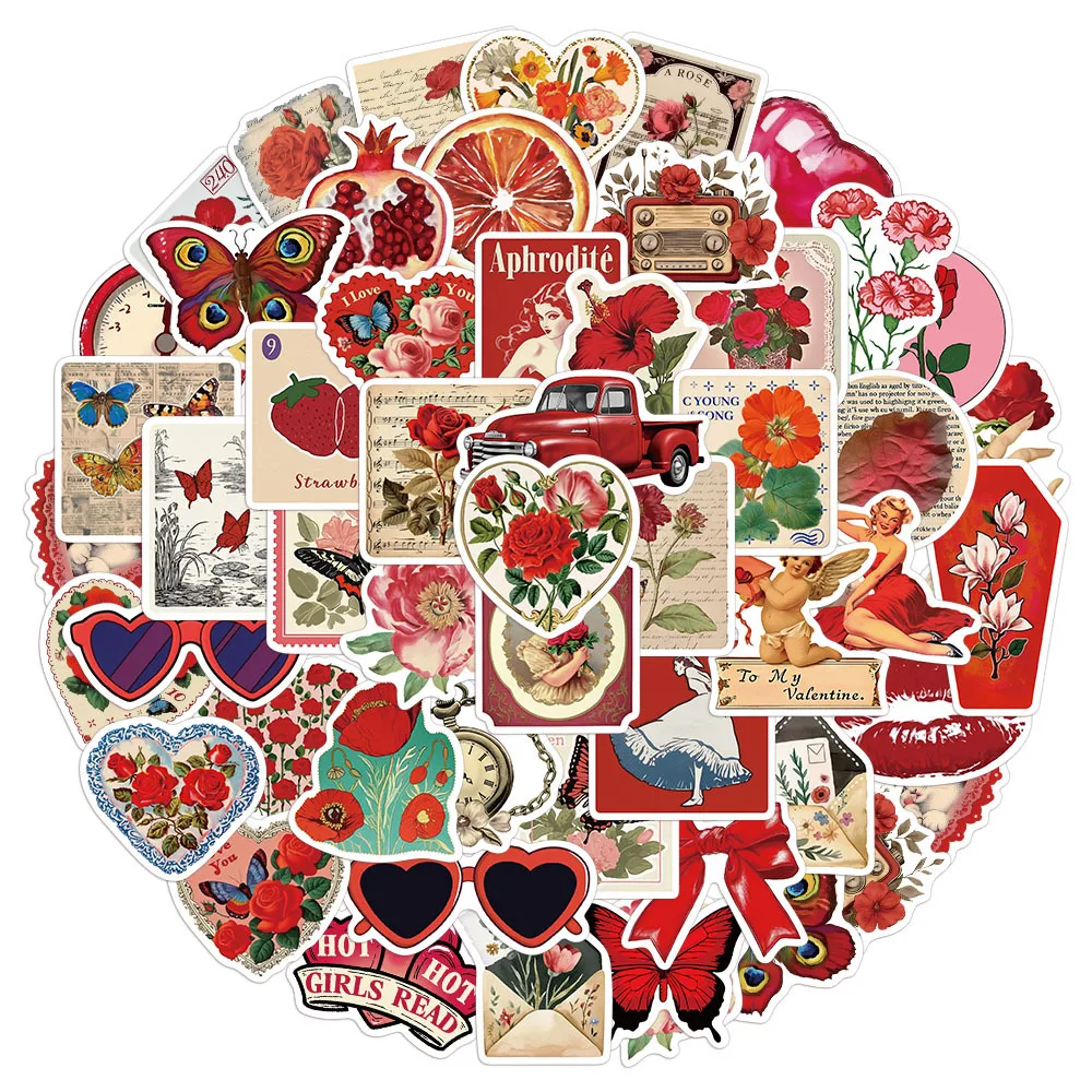 

50PCS Aesthetic Red INS Style Stickers DIY Decoration Mobile Phone Case Notebook Skateboard Water Cup Kids Toys Gifts Waterproof