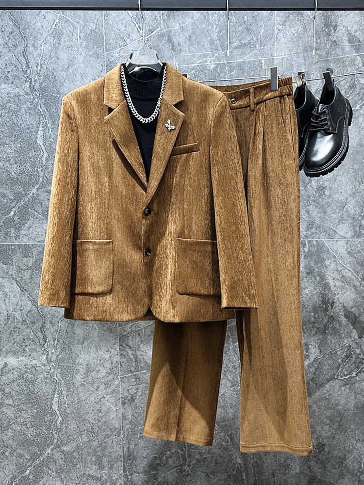 

High-End Corduroy Briti Sle Two-Piece Suit Casual Retro Men's Faion Set Youth ular Loose Fit Metal Decoration Ba S...