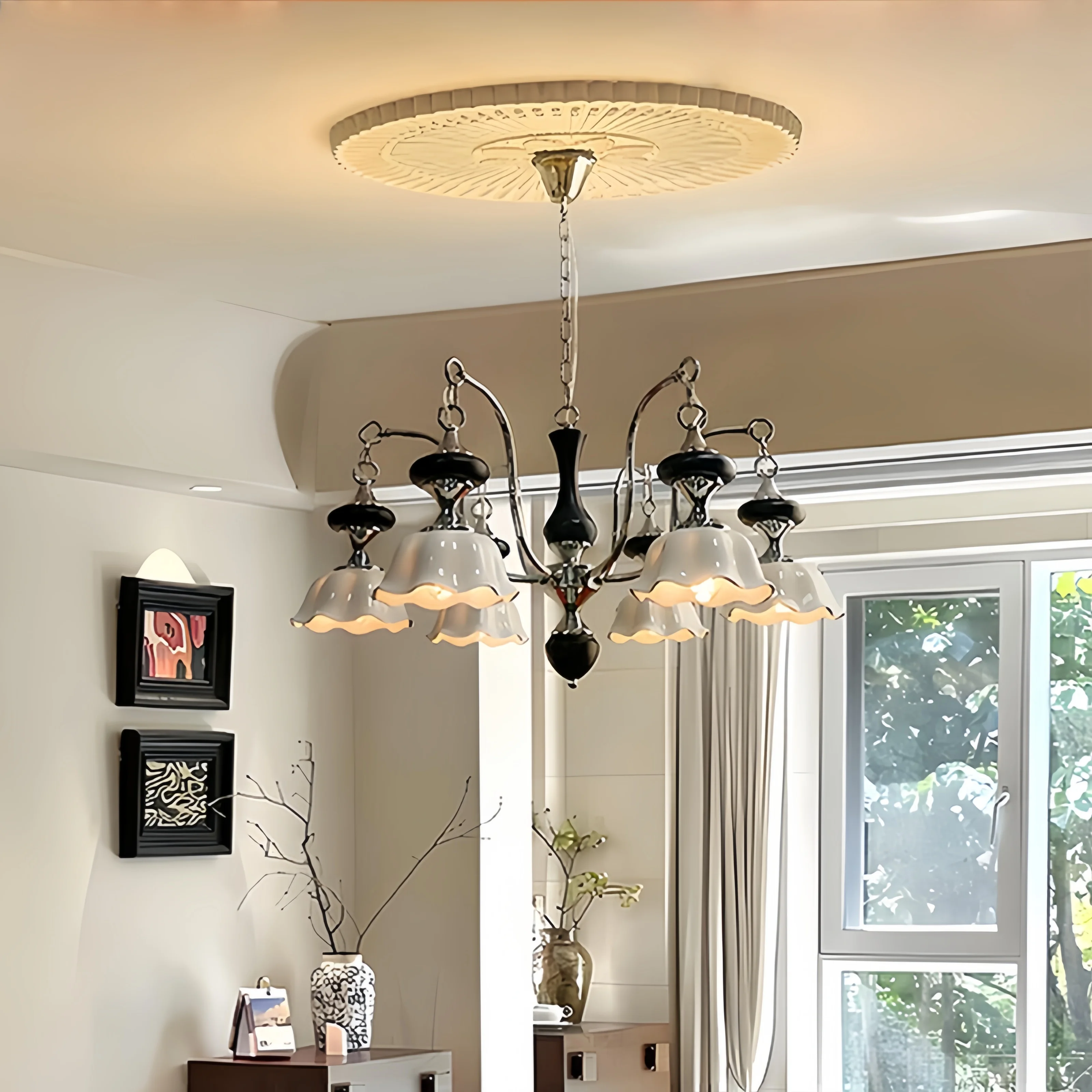 

French Retro Style Living Room Pendant Light Medieval Bedroom Pendant Light Modern Handmade Ceramic Dining Room Pendant Light