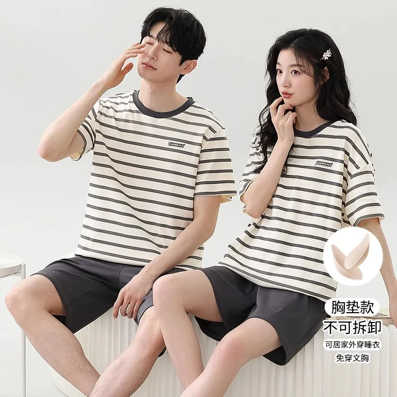 Summer Short Sleep Top & Pant Cotton Pajamas Set For Men Women Cartoon Homewear Couples  Sleepwear pijama masculino pyjama