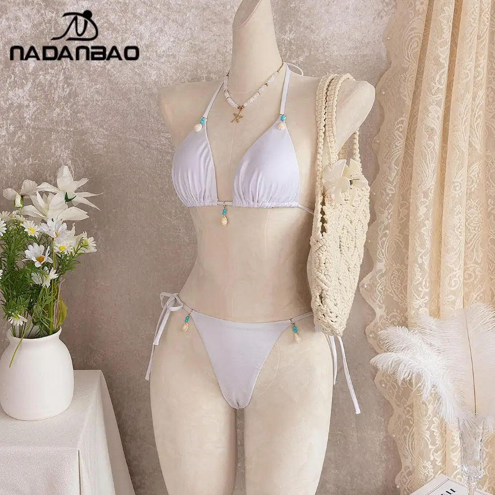 Nadanbao Sexy White Bikini for Women Fashion Shell Strap Swimsuit Casual Halter Bathing Suit Ladies Summer Holiday Beach Suit