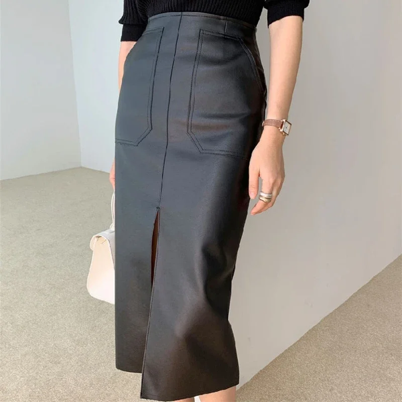 DAYIFUN-PU Leather Skirts Women High Waist Pocket Package Hip Skirt Front Split Midi Pencil Skirt Female New Autumn 2024 Clothes