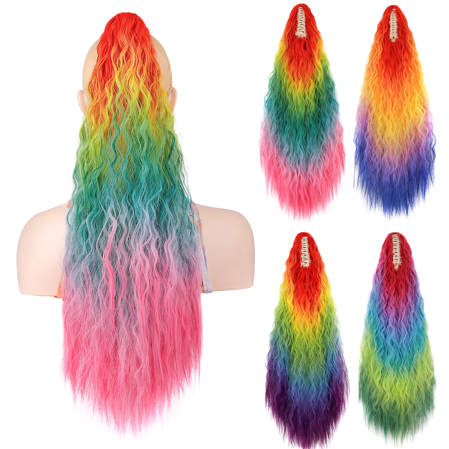Doczepiany kucyk Jeedou, długie kręcone włosy, tęczowy ombre, klips, syntetyczne włosy, peruka do cosplayu, dodatkowy ogon dla większego objętości.