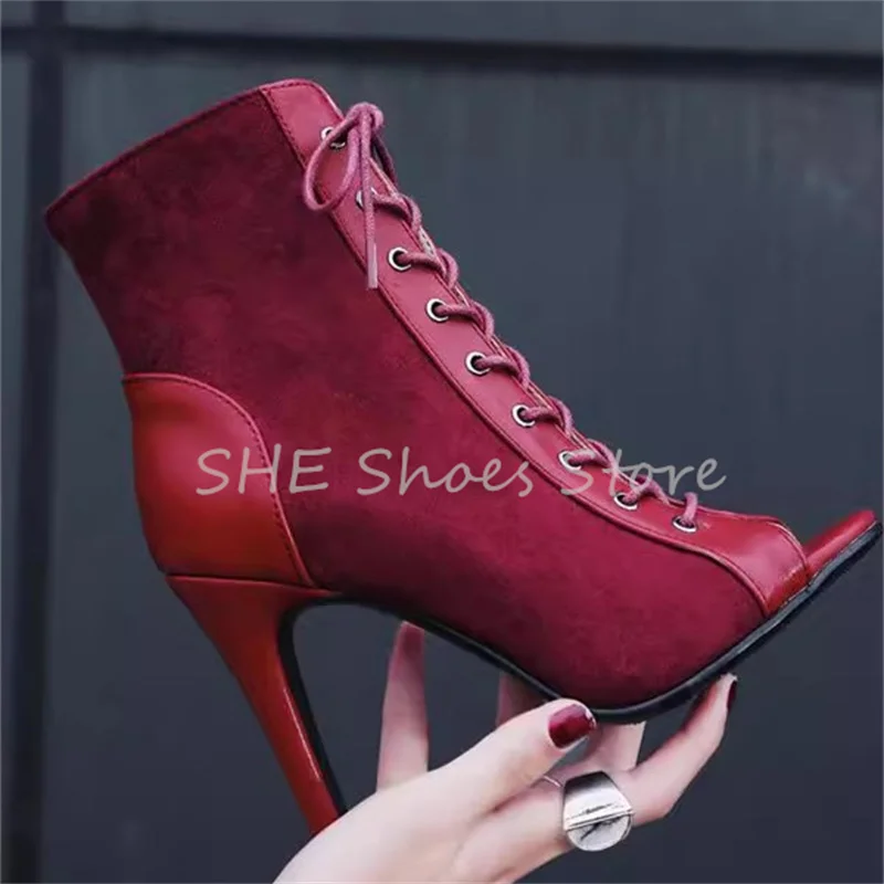 

Sexy Peep Toe Women High Heels for Jazz Dance Leather Splicing Lace-Up Ankle Short Boots Summer Cool Boots Ladies Dress Sandals