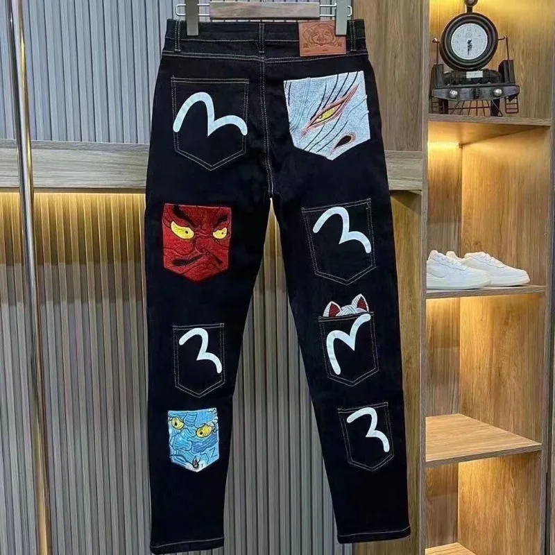 Mens Jeans Harajuku Fortune God Print Multi Pocket Denim Pants New Workwear Cargo Trousers Casual Streetwear Fashion Autumn New view 5
