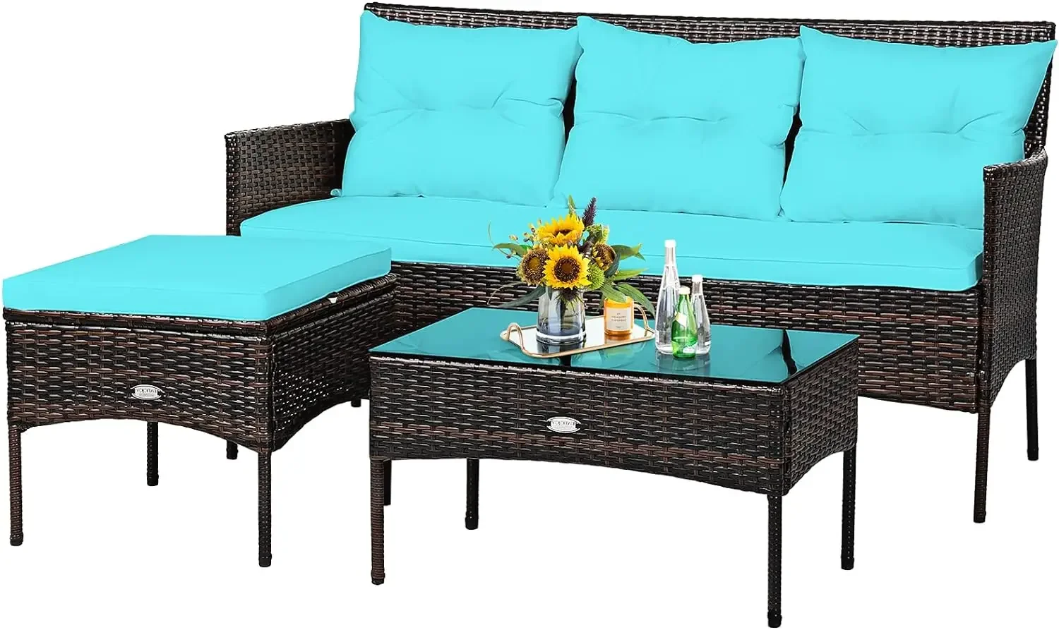 3 Pieces Patio Conversation Set, Outdoor PE Rattan Wicker Furniture Set W/Cozy Cushions, All Weather Sectional Sofa Set