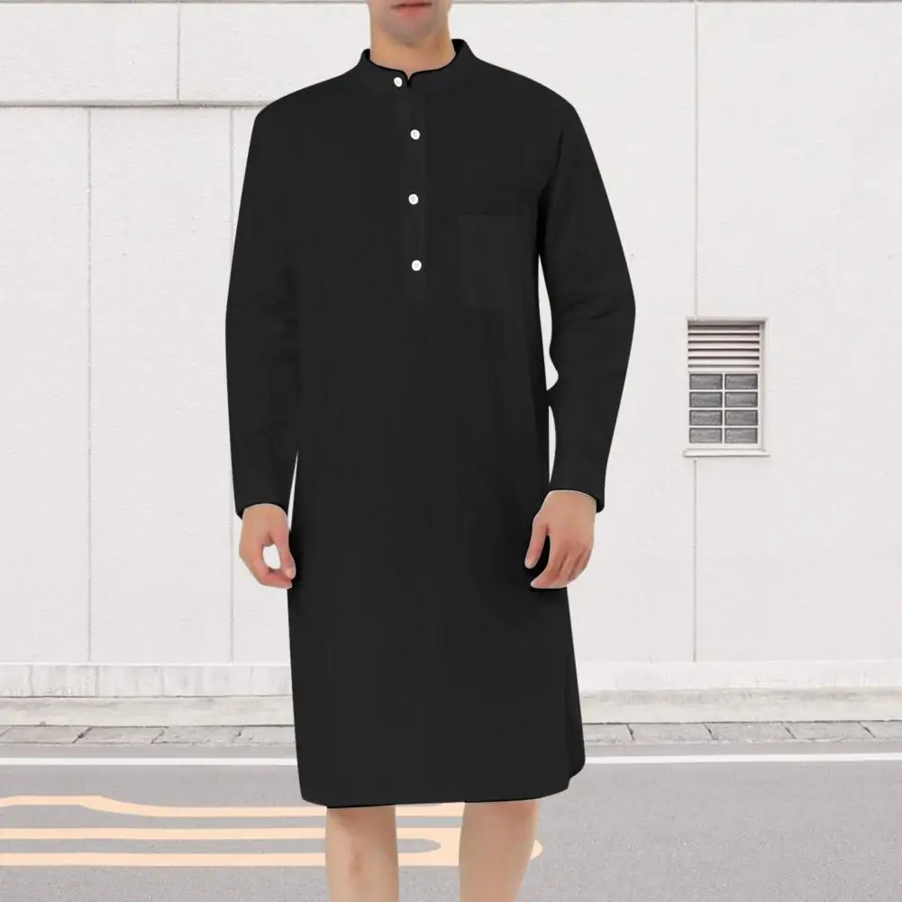 Lightweight Men Shirt Robe Simple Style Men Robe Stylish Men\'s Knee Length Shirt Stand Collar Long Sleeve Patch for Spring