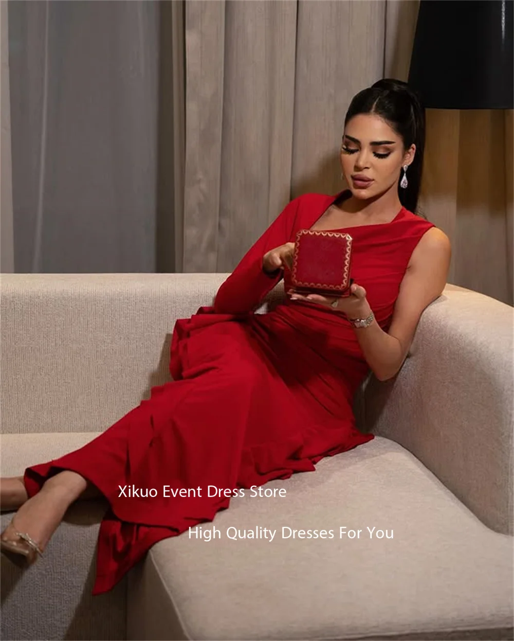 Gaun Malam Xikuo dengan Kerah Asimetris Unik, Ruffle di Bagian Bawah, Model Ruched Satu Bahu, Vestidos Para Mujer, Gaun Prom Dubai, Dapat Dipesan Sesuai Ukuran