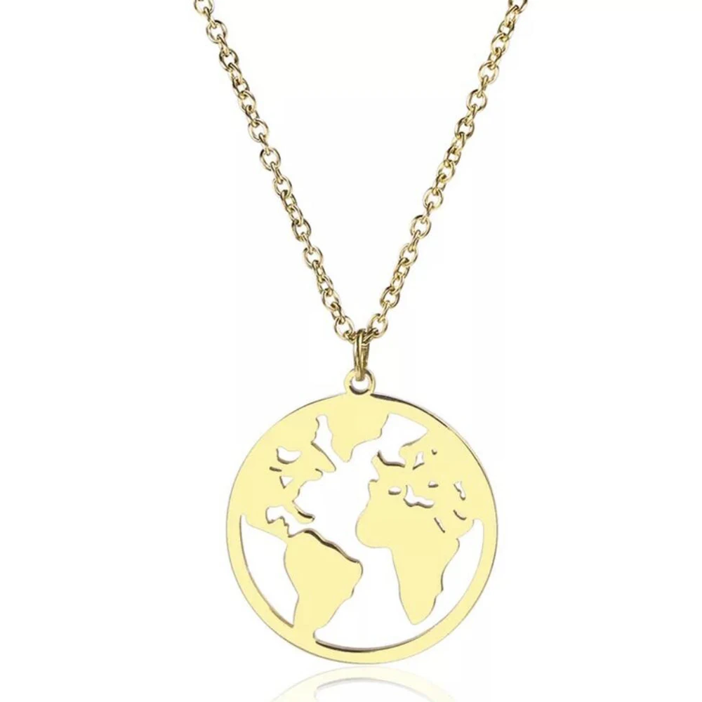 Stainless Steel Delicate Fashion Global Map Pendant Necklace Round Jewelry Circle Gift For Him with Chain