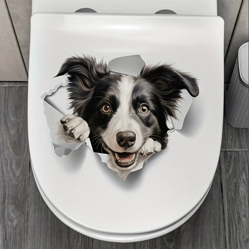 1 Cute Dog Toilet Sticker - Self adhesive prank bathroom decoration, playful Border Collie design, fun wall and door surface dec