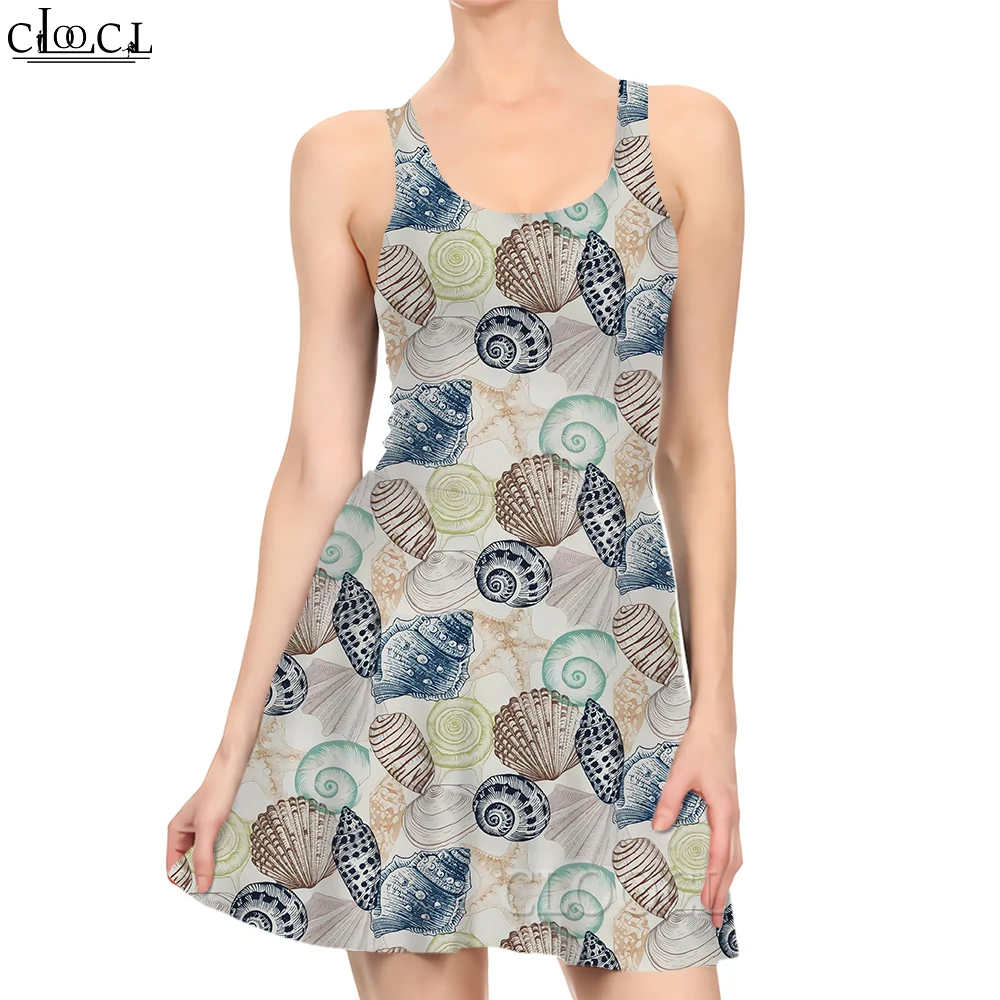 

CLOOCL Women Dress Sea Shells 3D Printed Mini Dress for Fashion Female Casual Sleeveless Dresses Summer Beach Dress