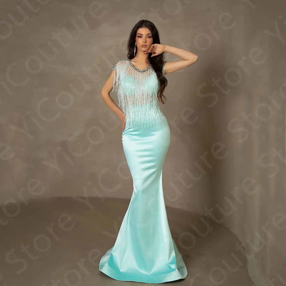 

Unique Baby Blue Evening Dresses Mermaid Cap Sleeves Prom Gowns 2024 Beaded Neckline Wedding Party Dresses Sweep Train Tassel