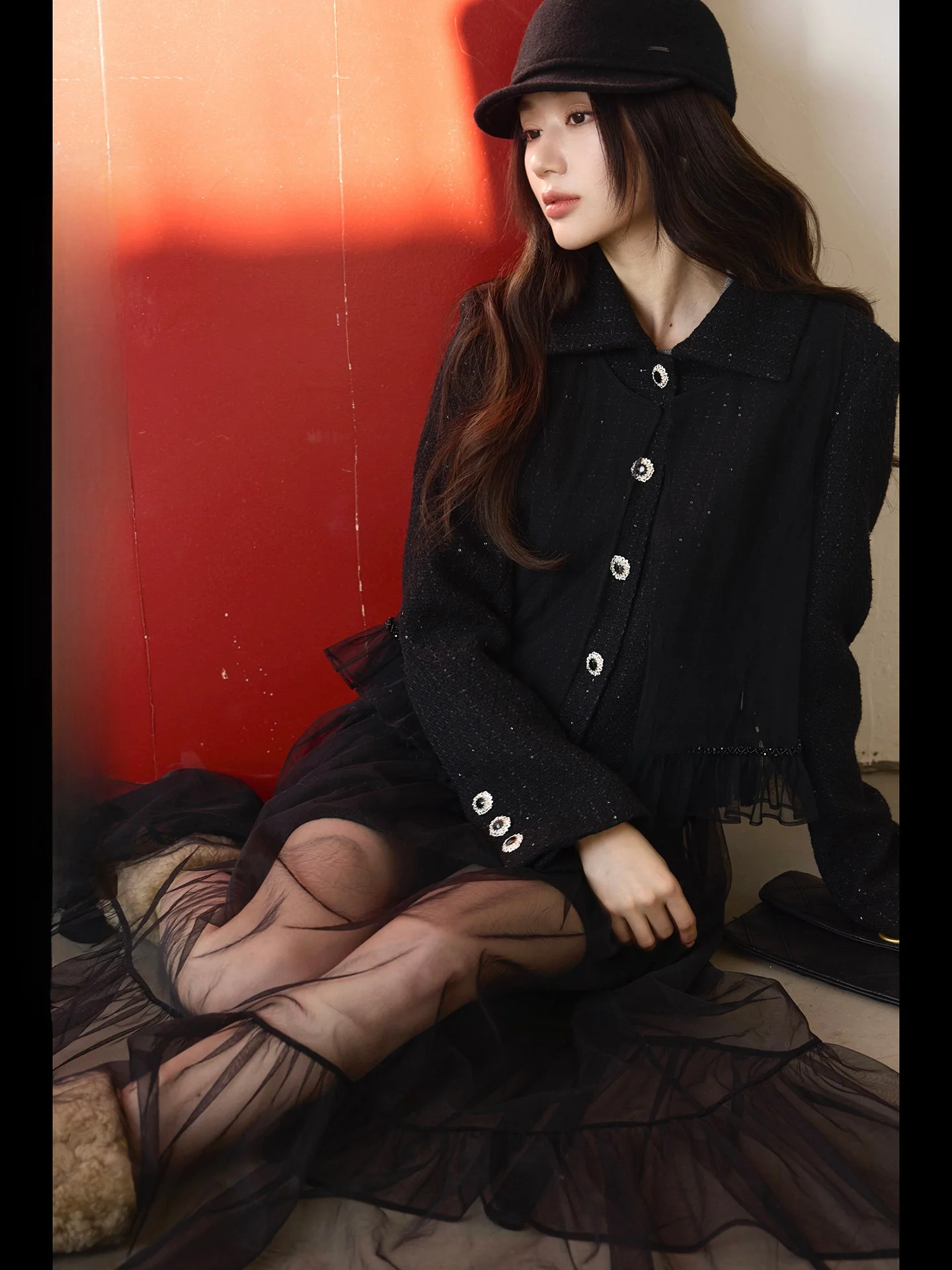 Camelux Night  Star Woolen Fringe Tweed Two-Way Wear Set Elegant Long-Sleeve Button-Up Outfit for Autumn Winter And Spring