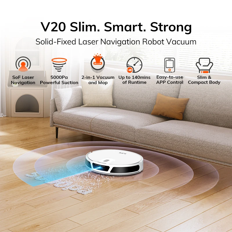 ILIFE V20 Robot Vacuum Cleaner, 5000Pa suction, SOF LiDAR Smart Navigation, APP Control, Customizable cleaning, Self charging