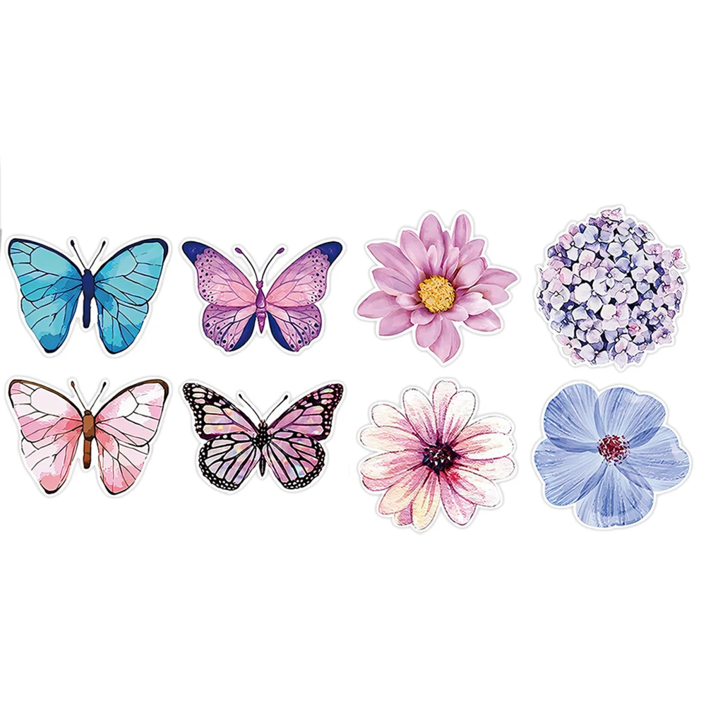 Autocollant papillon fleur coloré, décalcomanies mignonnes, décoration de fête, scrapbooking, papeterie, 8 modèles, 100-500 pièces