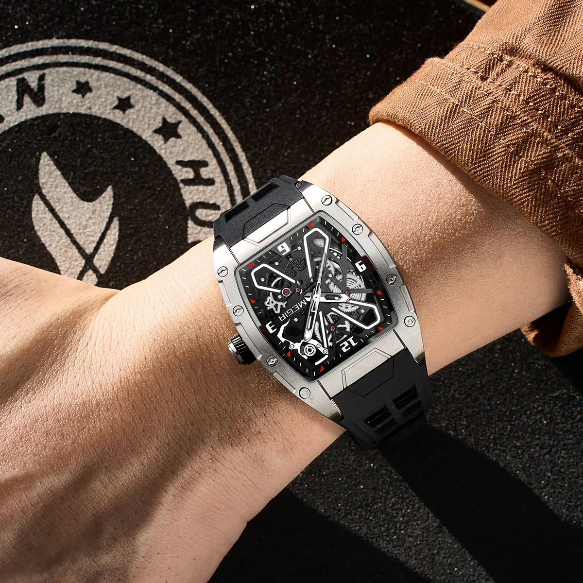 MEGIR Men's Trendy Tonneau Shape Watch Hollow Skeleton Dial Quartz Wristwatch Soft Silicone Strap Sport Watch