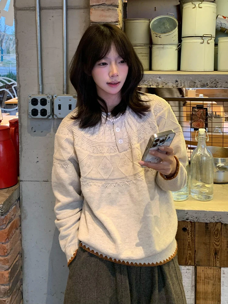 

Loose Casual Women's Henry Collar Knitted Sweater Autumn Winter Color Blo Sewing Line Comfortable Soft Long Sve Top