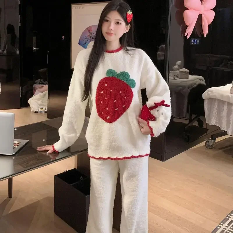 المرجان الصوف الحلو ملابس خاصة لطيف أرنب 2 قطعة منامة بنطلون دعوى فضفاضة مستديرة الرقبة ملابس المنزل الدافئة لينة كسول المتسكعون