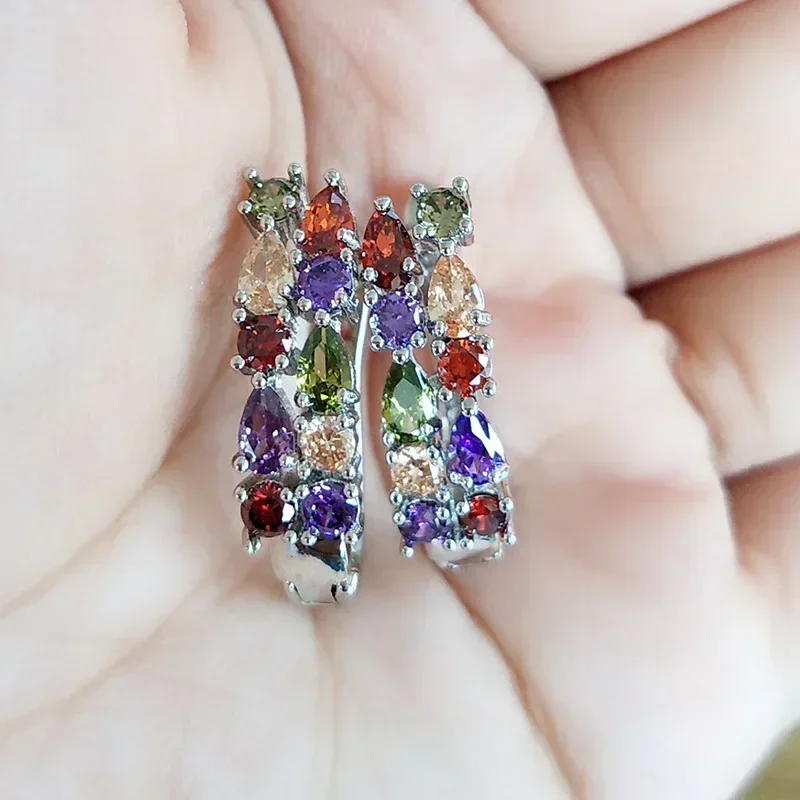 Wholesale Boho Luxury Colorful CZ Zircon hoop Earrings for 3 Colors Woth S925 Stamp Silver Jewelry for Women Sterling Brincos