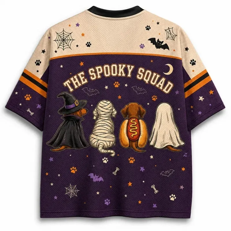 Retro Halloween Themed Ice Hockey Jersey, Mummy Ghost Wizard Costume, Dog Contrasting Loose Top