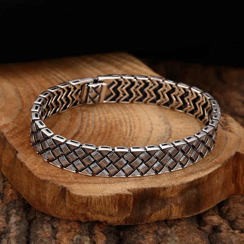 BOCAI New S925 Sterling Silver Charms Bangles for Men Antique Cross Woven Pattern Wide Bracelets Punk Fine Choice Jewelry