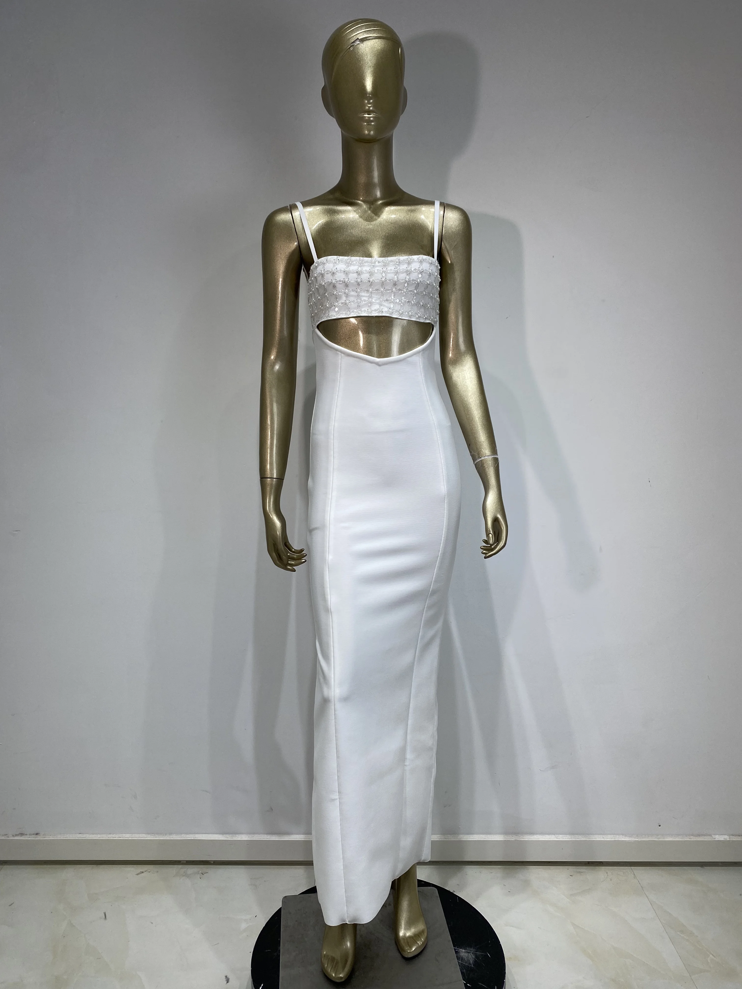 Women Long One-Piece Dress Gown Summer Spaghetti Strap Sequines Bustier Cut Out Maxi Long Celebrity Evening Party Bandage Dress