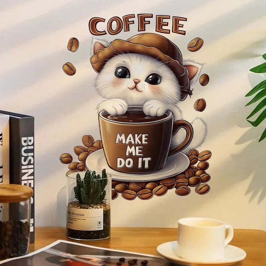 Lovely Cat & Coffee Bean Pattern Wall Stickers Self-Adhesive Decor for Coffee Bar Kitchen Fridge Study