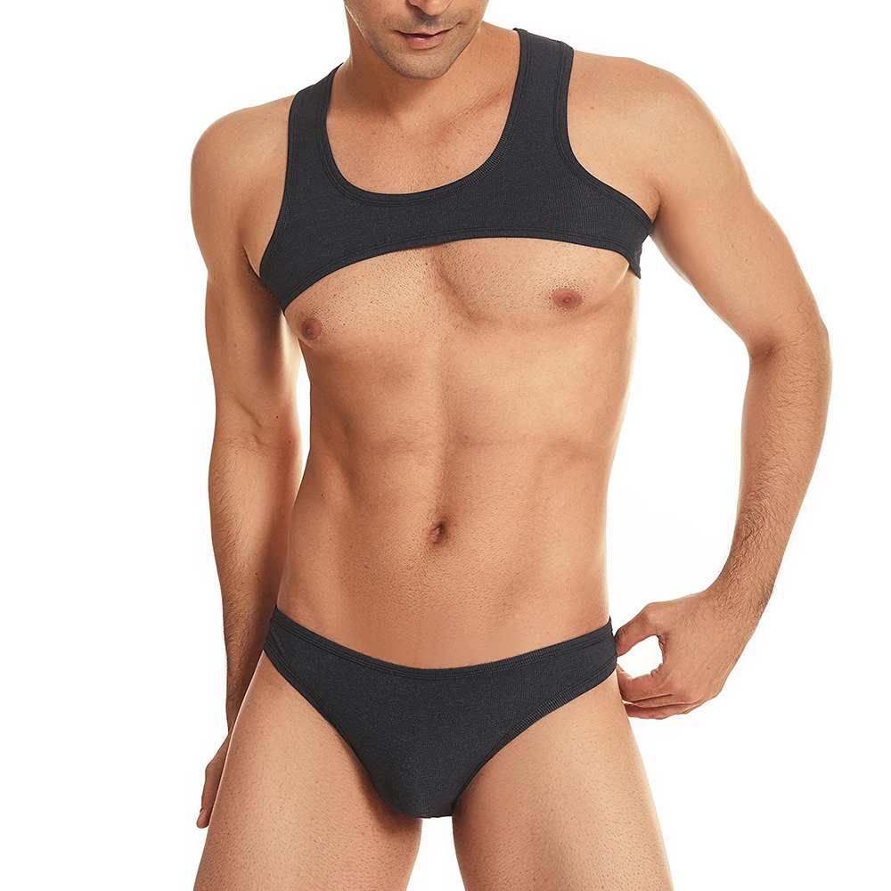 Ensemble 2 pièces sous-vêtements Sexy pour hommes, harnais de poitrine élastique, ceinture, culotte, gilet de Fitness, sous-vêtements, vêtements de nuit pour homosexuels