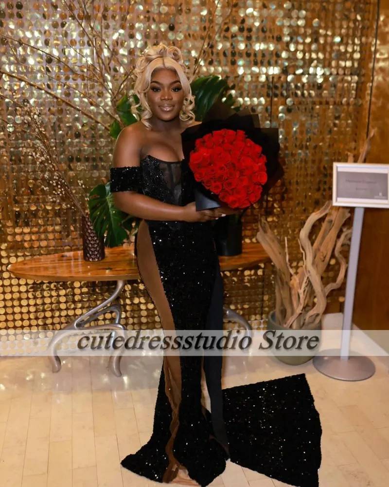 Sexy See Through Black Evening Dresses For Women Customized Sequin Rhinestone African Girls Party Gowns Long Homecoming Dress