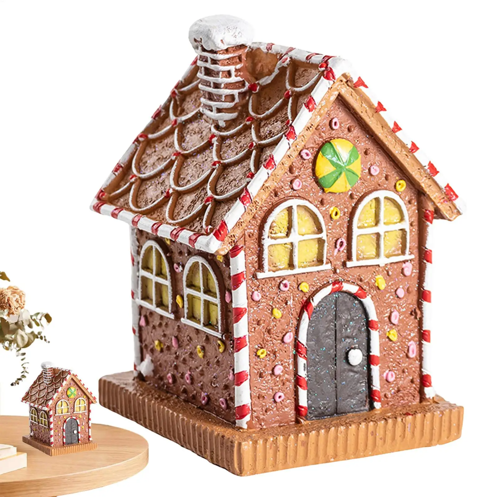 Gingerbread House Decor Christmas Decoration Resin Desktop Figurine With Light For Tabletop Fireplace Mantle Indoor Shelf Home