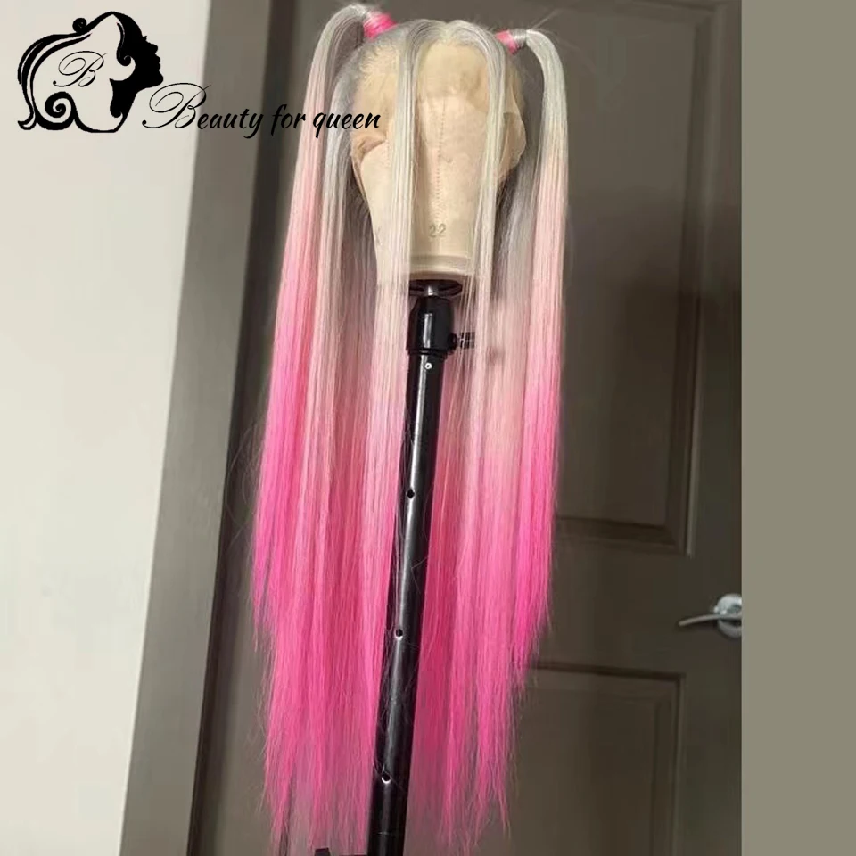 

White Pink Straight Brazilian Human Hair Wig Cosplay 180 Density Transparent 13x4 HD Lace Frontal Wigs Pre Plucked For Women