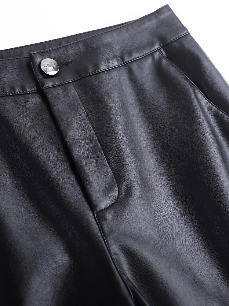 Bermudas de cuero PU negras hasta la rodilla de cintura alta para todas las estaciones, pantalones cortos sueltos para mujer, pantalones de pierna ancha Punk para motocicleta para mujer