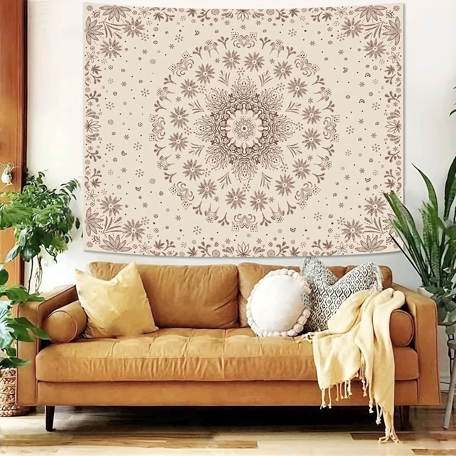Tapiz de Pared Mandala Floral Boho - Diseño de Medallón Florido Bohemio, Tela Corta Beige y Marrón, Decoración Hippie India Hori