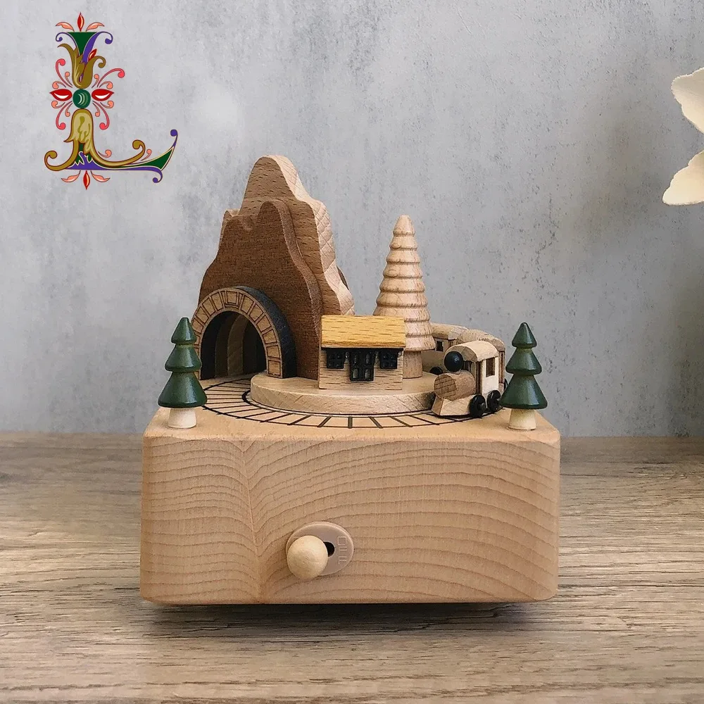 Cave Little Train Wooden Music Box Creativity Handicraft Home Decor Ornaments Birthday Gift Marry Souvenir Festival Supplies
