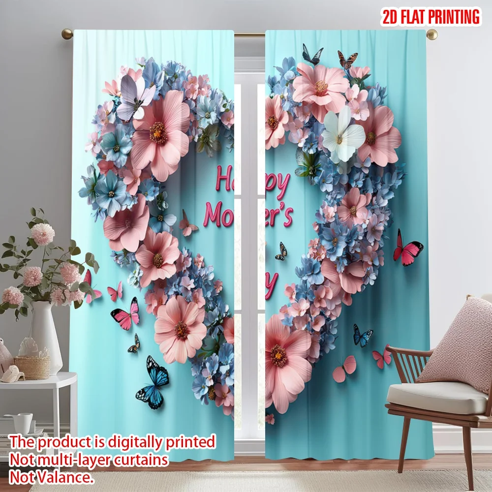 

2D flat printing 2pcs Window Treatment Curtains Mother's Day Floral Heart Digital Printed Polyester Drapes Festive Wall Decor