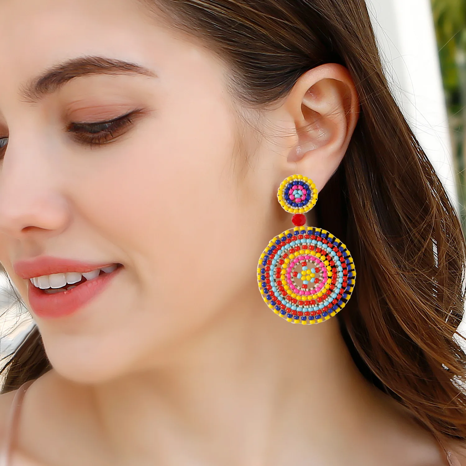 Vintage Ethnic Style Handmade Beaded Rice Bead Earrings Round Sunflower Dopamine Color Matching Advanced Ear Stud Earrings