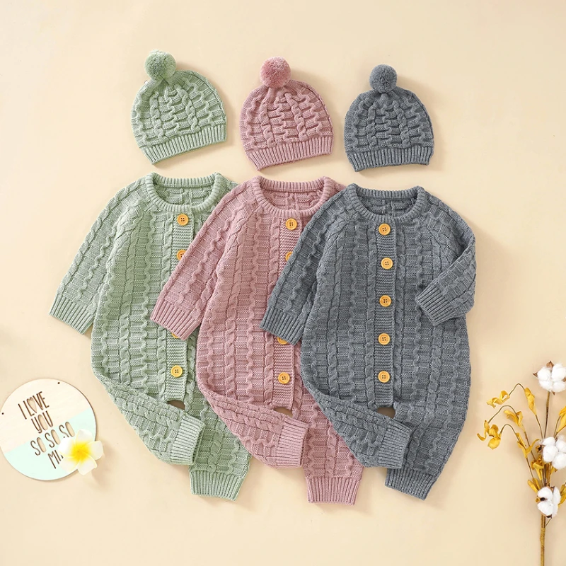 Newborn Infant Kids Boys Girls Knitted Jumpsuits Hats Outfits Toddler Autumn Winter Playsuits Overalls Baby Rompers Long Sleeves