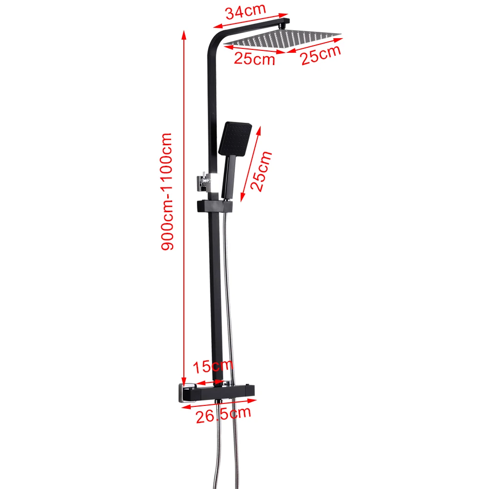 25cm schwarzes Dusch system mit Thermostat Wasserhahn Dusch set Regen
