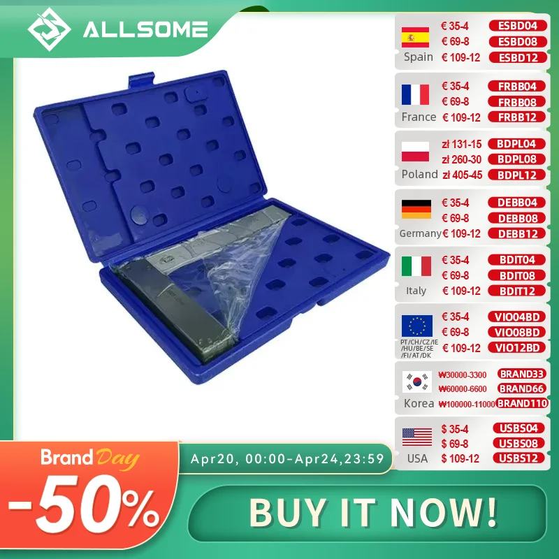 ALLSOME Machinist Square 90 stopni kątowy inżynier zestaw precyzyjnie szlifowana stal hartowana linijka kątowa HT2059-2064