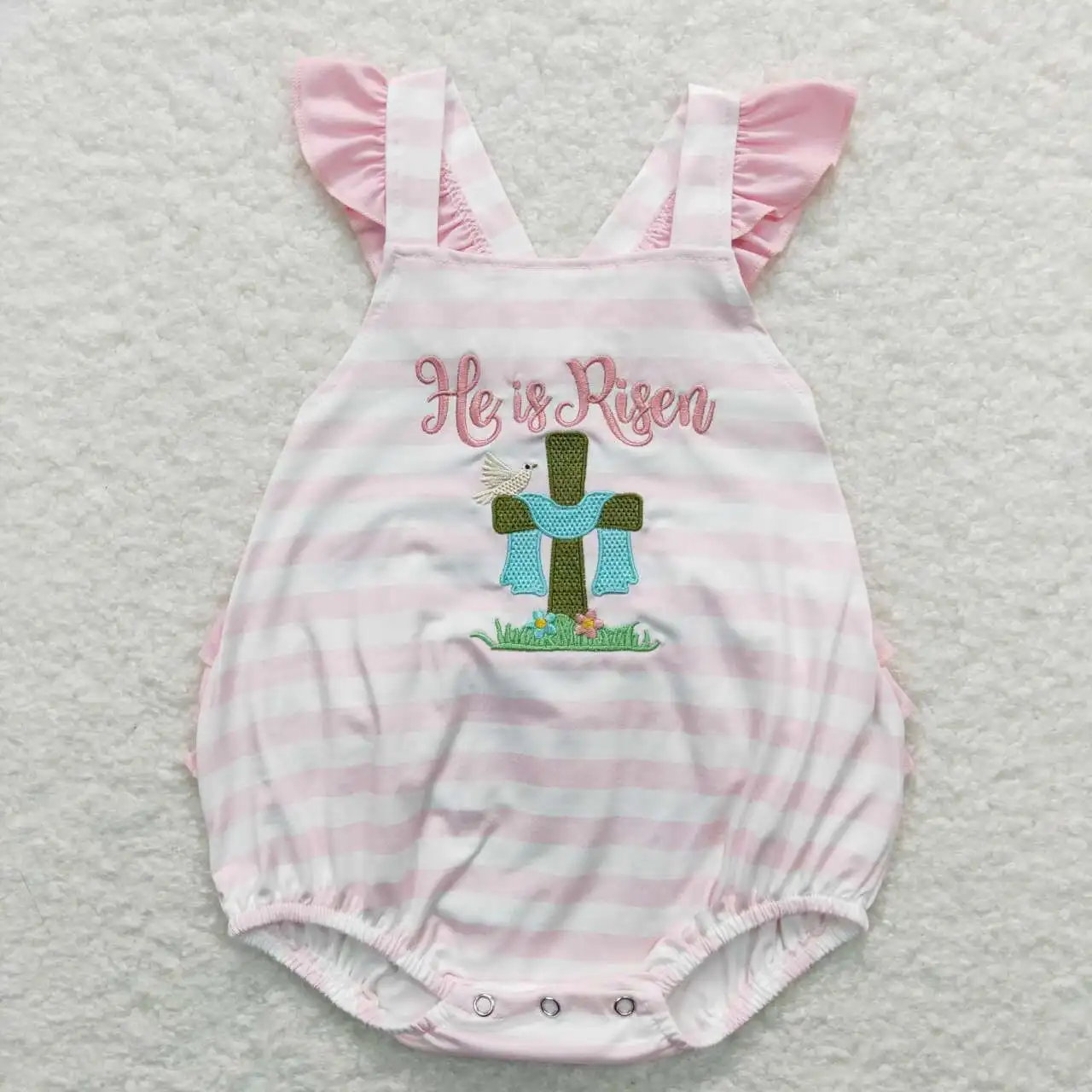 Wholesale hot sale baby kids clothes newborn toddler Embroidered cross pink and white striped lace vest onesie rompers