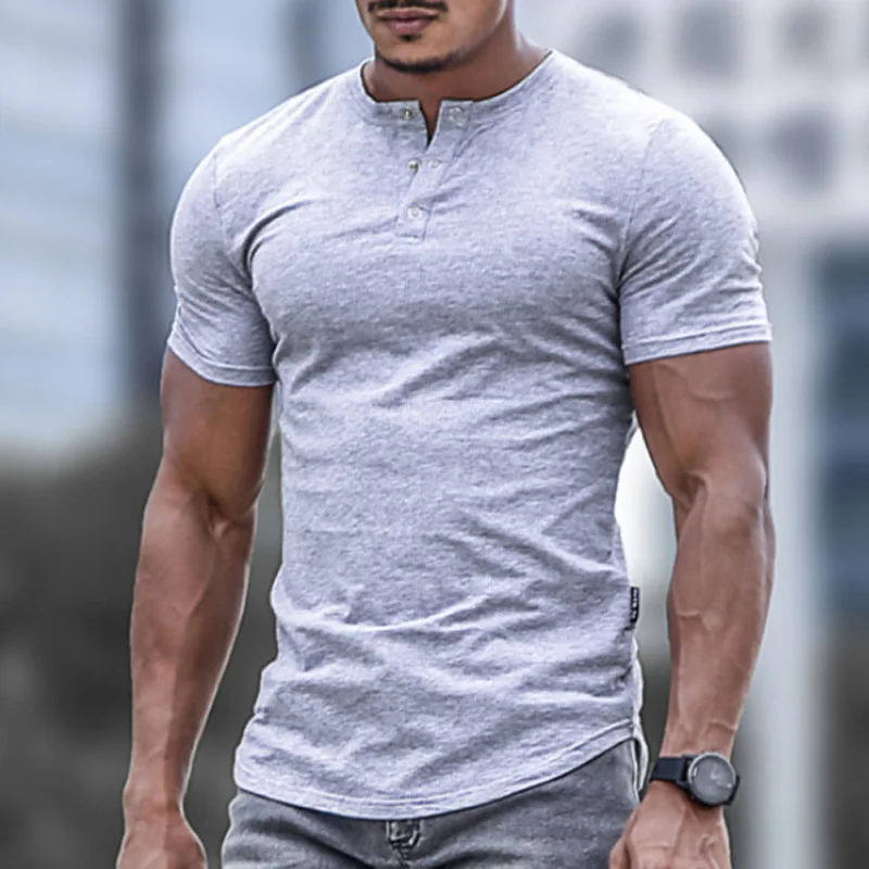 Summer Men's Clothing Business Casual Henry Short Sleeve T-shirt Stretch Slim Men Short Sleeve Tee Fitness Blazer T-shirt Grey