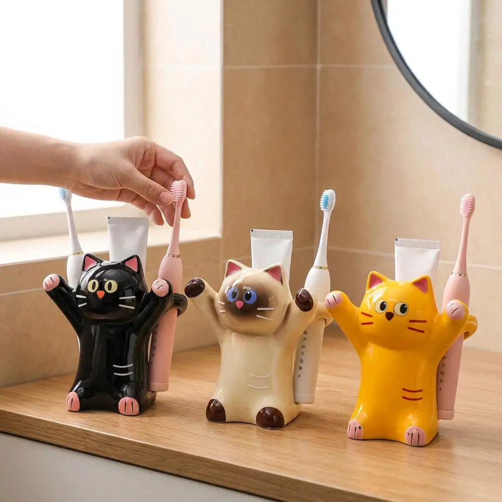 Ceramic Cat Toothbrush Holder Cartoon Animal Aesthetic Electric Toothbrush Stand Whimsical Anti-Slip Base Toiletries Organizer