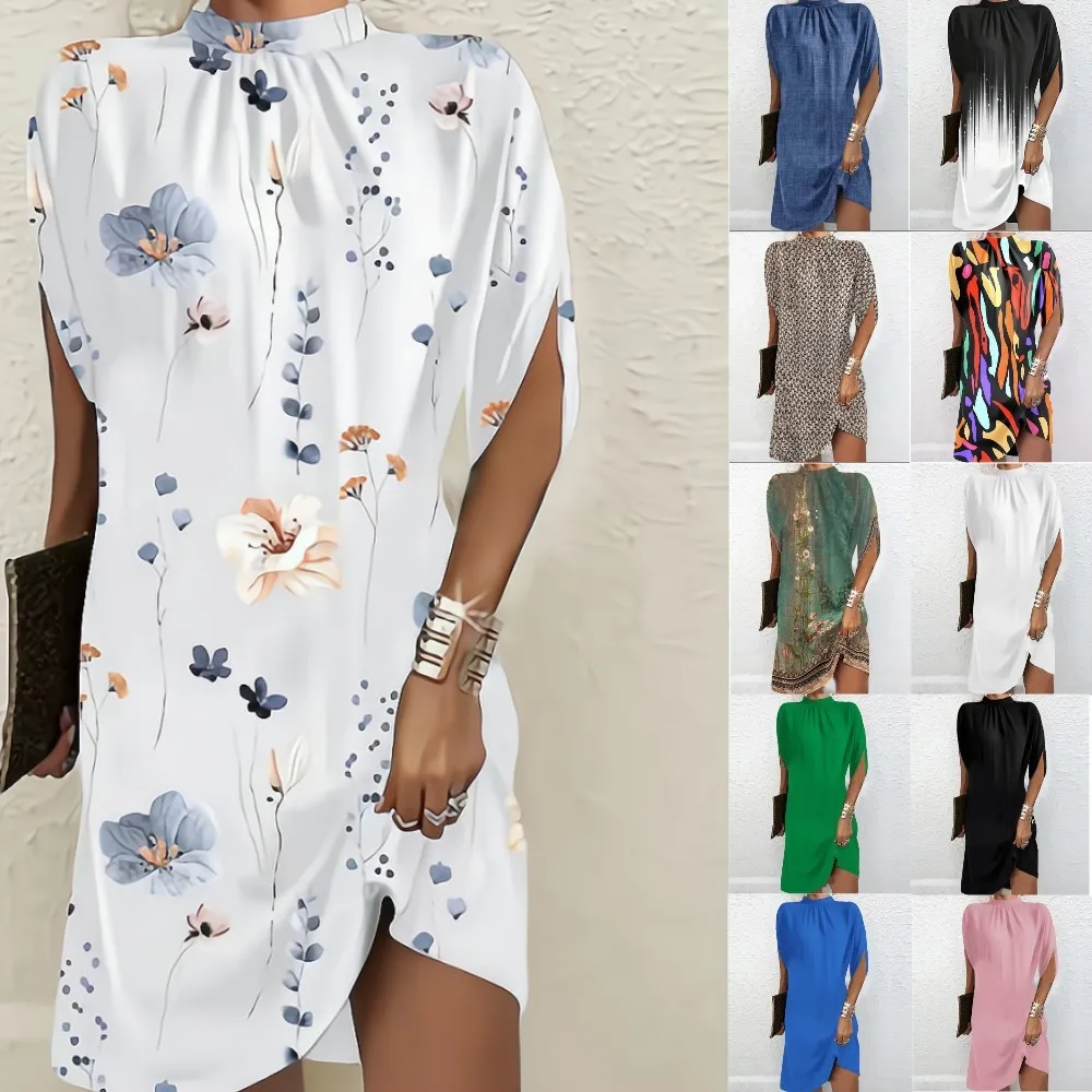 Women's Dress Pullover Geometric Print Dresses Round Neck Short Sleeve A Line Dress Mini Side Slit Floral Print Casual Dress