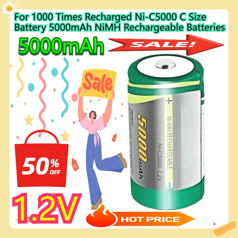 

For 1000 Times Recharged Ni-C5000 C Size Battery 5000mAh NiMH Rechargeable Batteries 1.2V 5000mAh