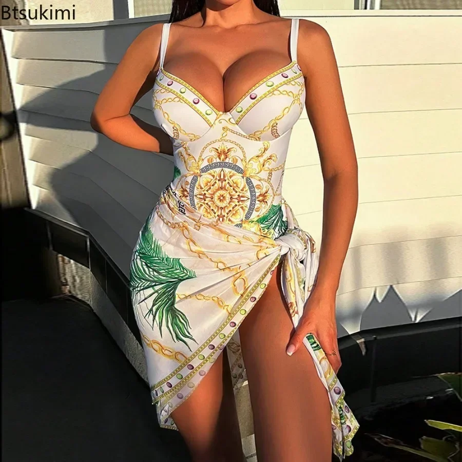 2024Women Summer Print Push Up One Piece Swimsuit With Beach Skirt V Neck Swimwear Women Beachwear Bathing Suit Vintage Monokini