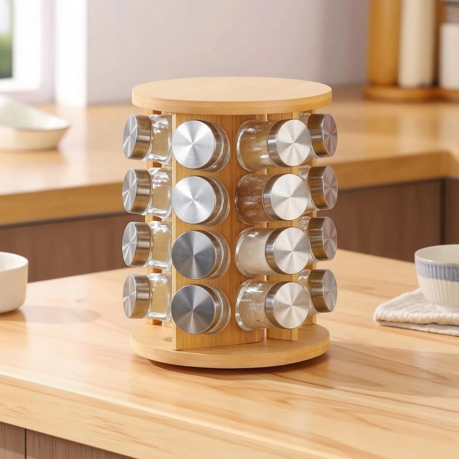 Bamboo Seasoning Rack with Glass Jars Space-Saving Seasoning Rack with Jars Seasoning Bottle Set Clear Smooth for Cooks