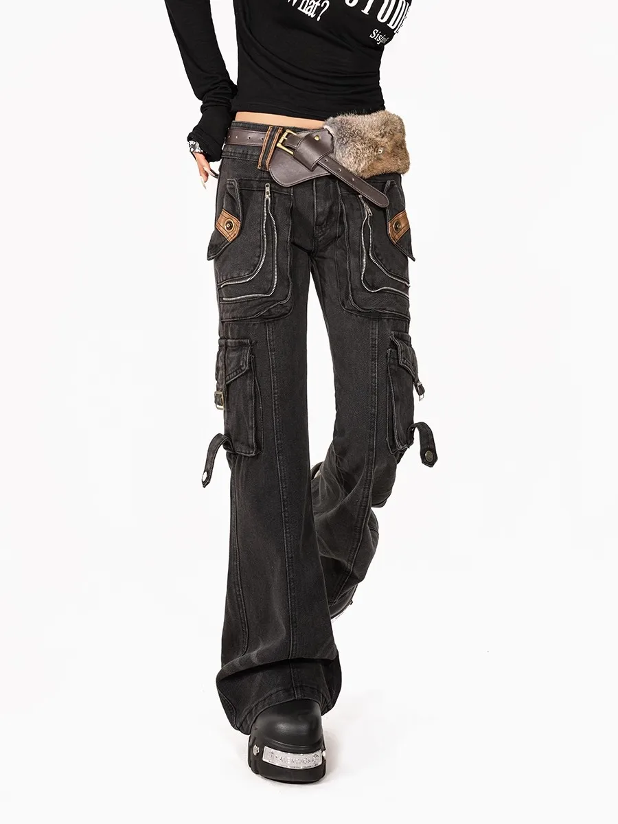 REDDACHiC Retro Y2k Low Waist Cargo Jeans Women Thick Heavy Denim Whiskers Distressed Pockets Bootcut Pants Dark Punk Streetwear