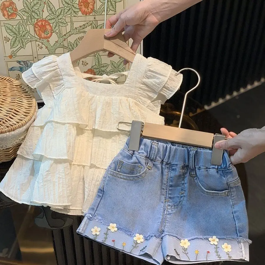 Kids Girls Clothing Sets Summer  Ruffled Blouse Tops Shirts + Embroidered Flower Denim Jeans Shorts 2pcs Clothes  Suit